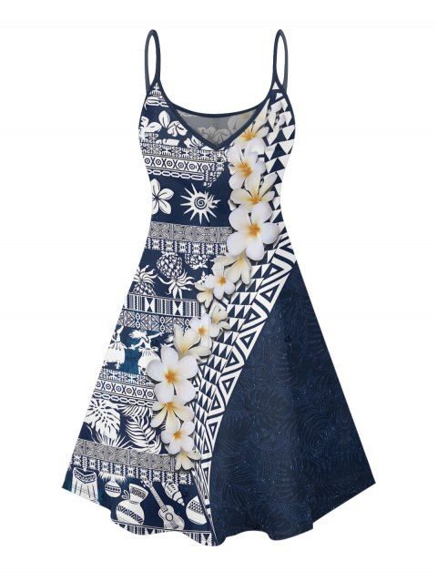 Robe de vacances à motif géométrique de style ethnique à fleurs, bretelles spaghetti, col en V, coupe trapèze, mini, décontractée