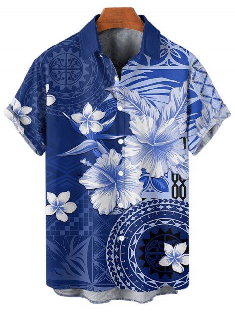 Chemise de vacances à imprimé géométrique floral pour homme, boutonnée, retroussée, manches courtes, décontractée