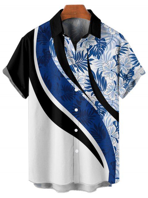 Chemise de vacances à motif de feuilles tropicales Coloblock pour homme, chemise décontractée à manches courtes et à revers boutonnés