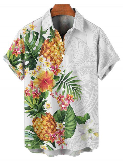 Chemise de vacances à manches courtes et boutons pour homme, motif ananas, fleurs et feuilles, décontractée