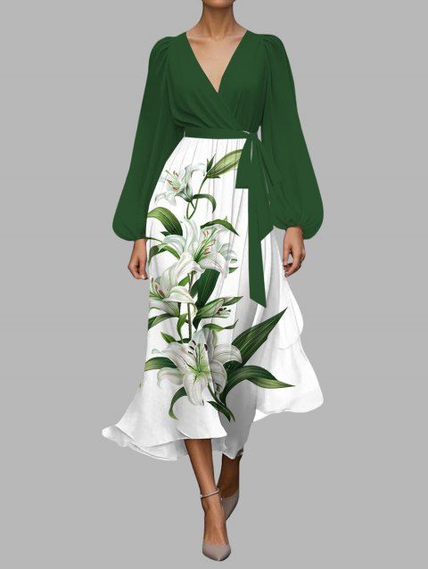Robe en mousseline de soie à motif de feuilles de lys et de fleurs, ceinture de couleur contrastée, col plongeant, manches longues, robe de vacances trapèze