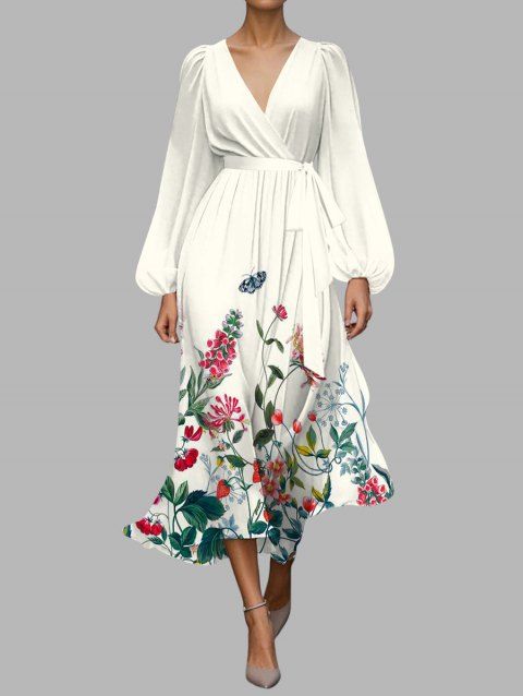 Robe en mousseline de soie à motif de fleurs, de feuilles et de papillons, avec ceinture, décolleté plongeant, manches longues, coupe trapèze, pour les vacances