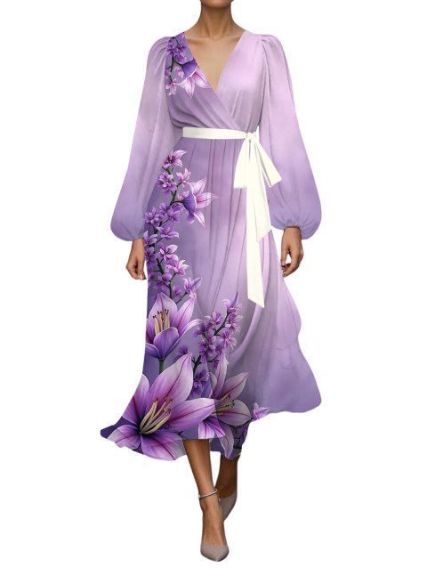 Robe en mousseline de soie à motif de fleurs de lotus, ceinture, décolleté plongeant, manches longues, coupe trapèze, robe de vacances