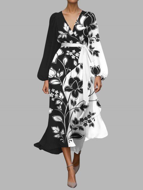 Robe en mousseline de soie à motif floral contrasté, ceinture, décolleté plongeant, manches longues, coupe trapèze, tenue de vacances