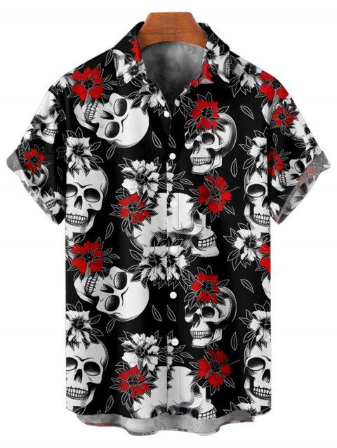 Chemise gothique à manches courtes et boutons pour homme, motif tête de mort et roses, style vacances