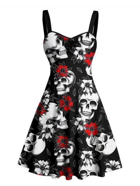 Robe gothique à col en cœur et motif de roses, buste froncé, mini-robe de vacances trapèze