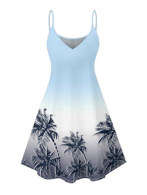 Robe de vacances à motif de cocotier ombré, bretelles spaghetti, col en V, coupe trapèze, mini-robe de plage