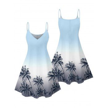 Ombre Coconut Tree Pattern Vacation Dress Spaghetti Strap V Neck A Line Mini Beach Tank Dress