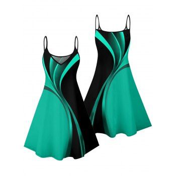 Geometric Pattern Colorblock Casual Dress Spaghetti Strap V Neck A Line Mini Tank Dress