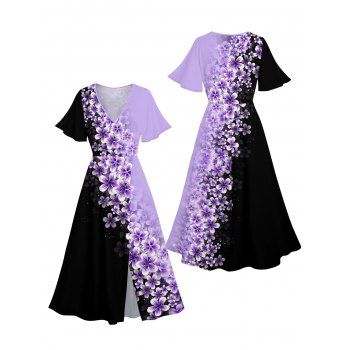 Colorblock Flower Pattern Slit Vacation Dress Half Flare Sleeve V Neck A Line Midi Dress