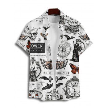 Men's Skull Pumpkin Butterfly Clock Witch Letter Pattern Gothic Shirt Button Up Roll Up Short Sleeve Halloween Shirt