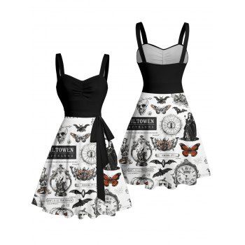 Contrast Color Skull Pumpkin Butterfly Clock Witch Letter Pattern Ruched Bust Belt Gothic Dress Sweetheart Neck A Line Mini Halloween Dress
