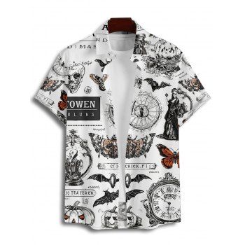 Gothic Couple Outfit Contrast Color Skull Pumpkin Butterfly Clock Witch Letter Pattern Ruched Bust Belt Dress and Button Up Shirt Halloween Matching Outfit