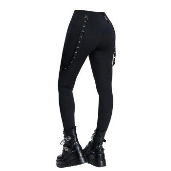 Gothic Women Outfit Owl Rose Leaf Pattern Butterfly Lace Ruched Surplice Tank Top and Hollow Out Grommet Chain Embellishment Skinny Pants Matching Outfit