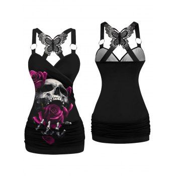 Rose Skulls Pattern Butterfly Lace Ruched Gothic Tank Top Surplice O Ring Strap Holiday Long Top