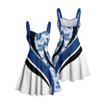 Coloblock Tropical Leaf Pattern Ruched Bust Vacation Dress Sweetheart Neck A Line Mini Casual Dress