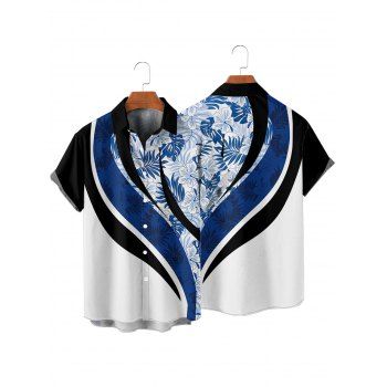 Vacation Couple Outfit Coloblock Tropical Leaf Pattern Ruched Bust Sweetheart Neck A Line Mini Dress and Button Up Shirt Casual Matching Outfit