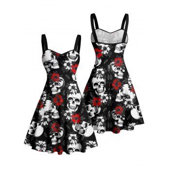 Allover Skulls Rose Pattern Ruched Bust Gothic Dress Sweetheart Neck A Line Mini Holiday Dress