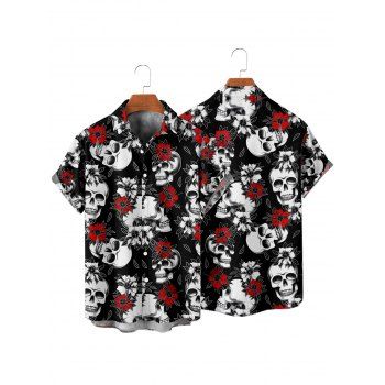 Gothic Couple Outfit Allover Skulls Rose Pattern Ruched Bust Sweetheart Neck A Line Mini Dress and Button Up Shirt Holiday Matching Outfit