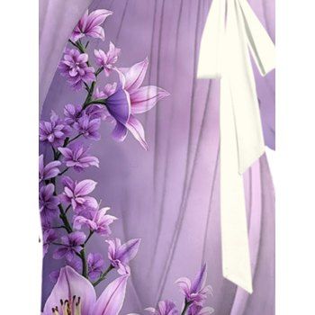 Lotus Flower Pattern Belt Chiffon Dress Plunging Neck Long Sleeve A Line Vacation Dress