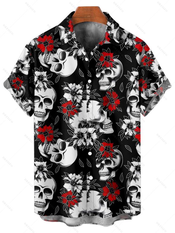 Chemise gothique à manches courtes et boutons pour homme, motif tête de mort et roses, style vacances - Noir XL