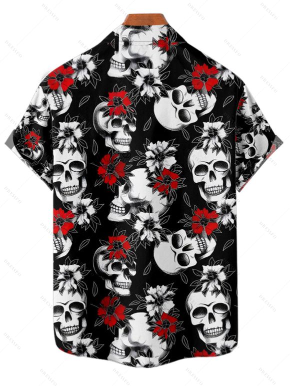 Chemise gothique à manches courtes et boutons pour homme, motif tête de mort et roses, style vacances - Noir 4XL