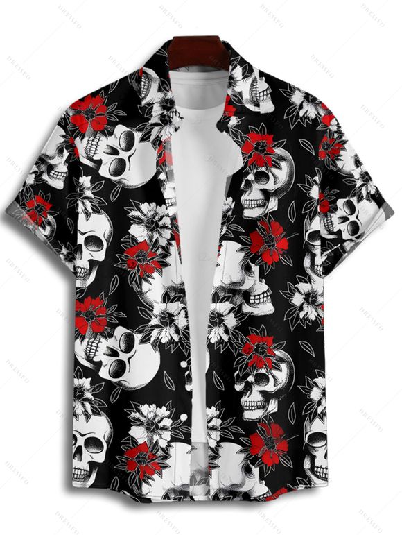 Chemise gothique à manches courtes et boutons pour homme, motif tête de mort et roses, style vacances - Noir 4XL