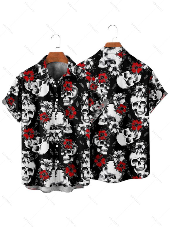 Chemise gothique à manches courtes et boutons pour homme, motif tête de mort et roses, style vacances - Noir 4XL