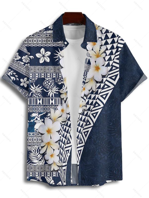 Chemise de vacances à manches courtes et boutons pour homme, style ethnique fleuri, motif géométrique, décontractée - Bleu profond S