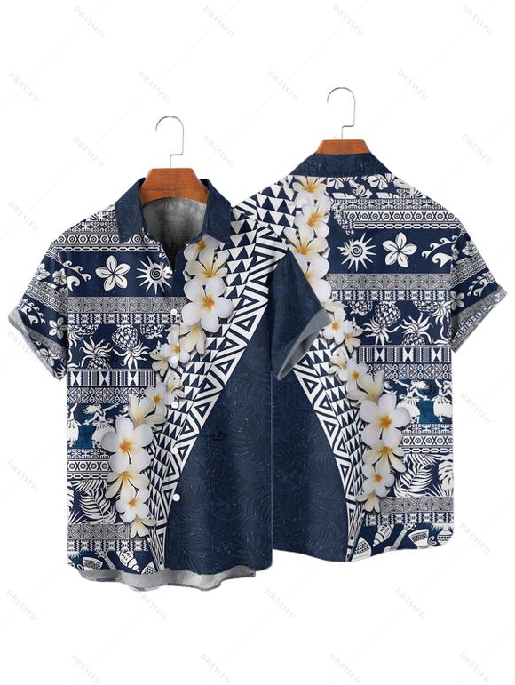 Chemise de vacances à manches courtes et boutons pour homme, style ethnique fleuri, motif géométrique, décontractée - Bleu profond S