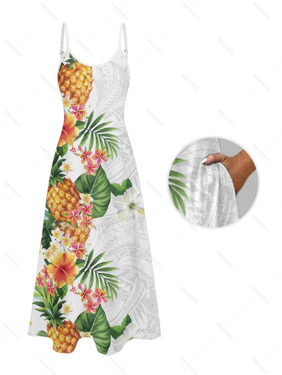 Robe de vacances à motif de feuilles et de fleurs d'ananas, robe longue décontractée à bretelles spaghetti - Blanc S | US 4