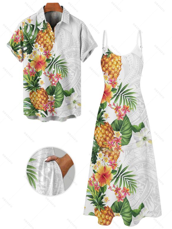 Vacation Couple Outfit Pineapple Flower Leaf Pattern Spaghetti Strap A Line Long Dress and Button Up Shirt Casual Matching Outfit - Blanc S | US 4