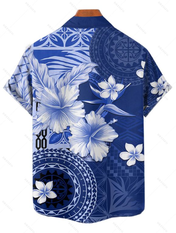 Chemise de vacances à imprimé géométrique floral pour homme, boutonnée, retroussée, manches courtes, décontractée - Bleu profond 4XL