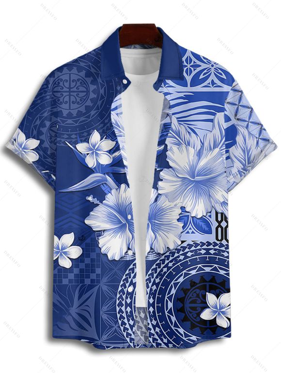 Chemise de vacances à imprimé géométrique floral pour homme, boutonnée, retroussée, manches courtes, décontractée - Bleu profond 4XL