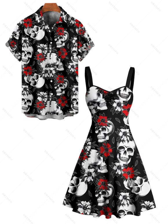 Gothic Couple Outfit Allover Skulls Rose Pattern Ruched Bust Sweetheart Neck A Line Mini Dress and Button Up Shirt Holiday Matching Outfit - Noir S | US 4
