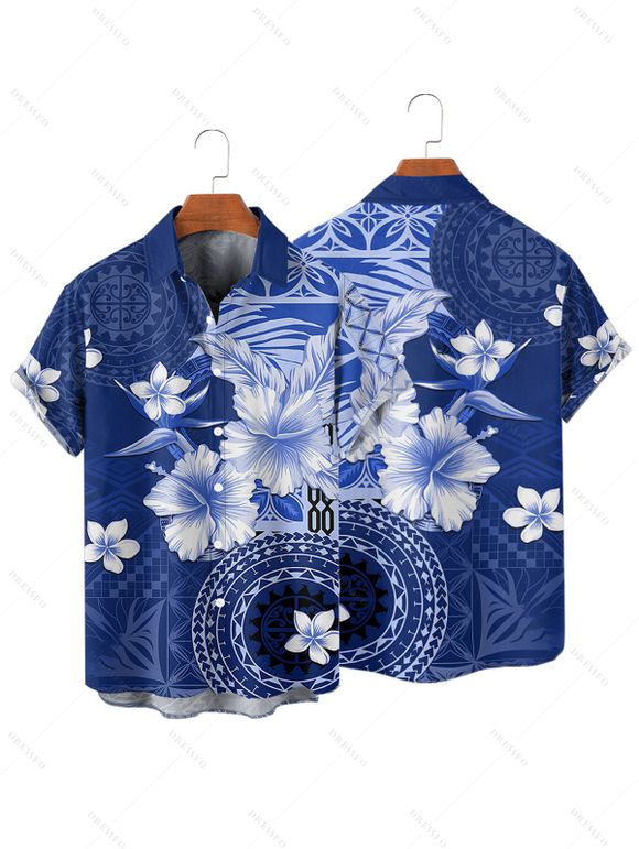 Chemise de vacances à imprimé géométrique floral pour homme, boutonnée, retroussée, manches courtes, décontractée - Bleu profond 4XL