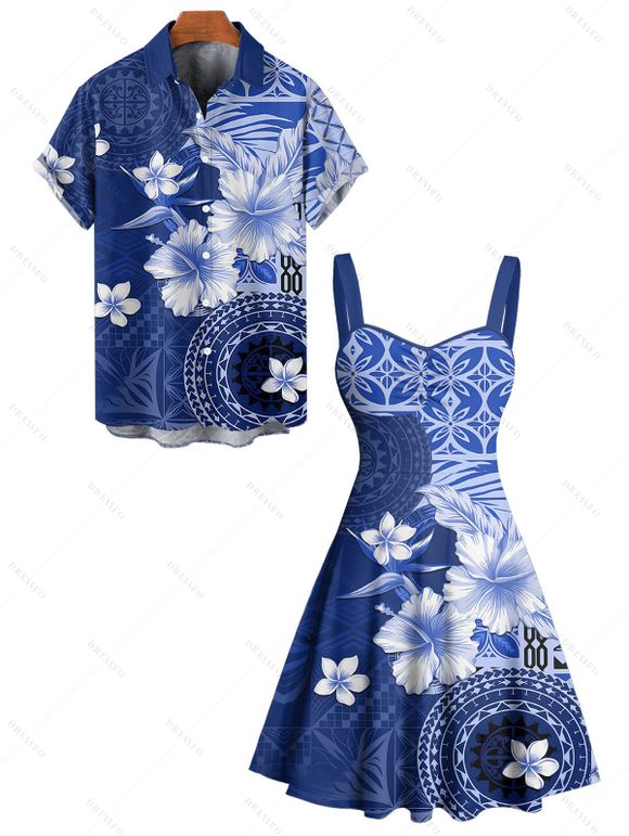 Vacation Couple Outfit Flower Geometric Printed Ruched Bust Sweetheart Neck A Line Mini Dress and Button Up Shirt Casual Matching Outfit - Bleu profond S | US 4