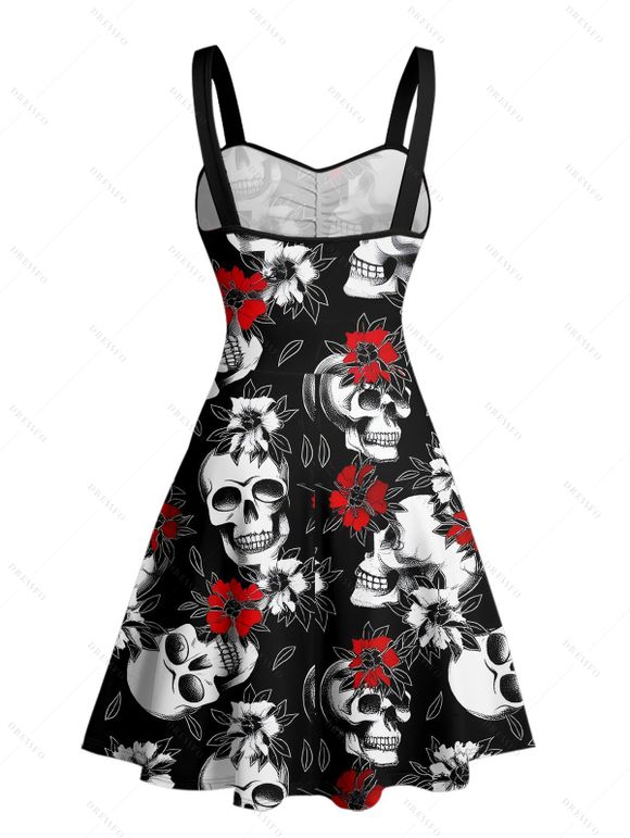 Gothic Couple Outfit Allover Skulls Rose Pattern Ruched Bust Sweetheart Neck A Line Mini Dress and Button Up Shirt Holiday Matching Outfit - Noir S | US 4