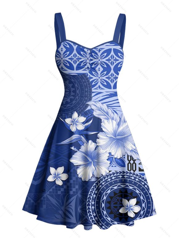 Vacation Couple Outfit Flower Geometric Printed Ruched Bust Sweetheart Neck A Line Mini Dress and Button Up Shirt Casual Matching Outfit - Bleu profond S | US 4