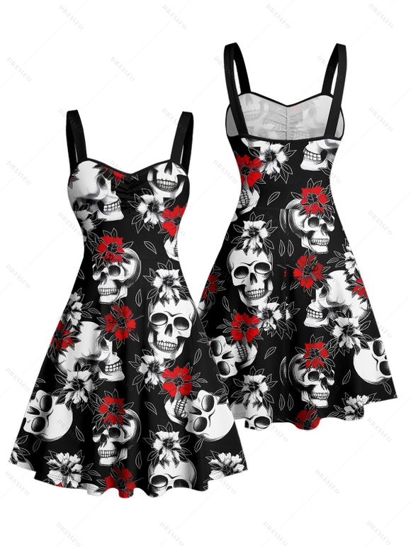 Gothic Couple Outfit Allover Skulls Rose Pattern Ruched Bust Sweetheart Neck A Line Mini Dress and Button Up Shirt Holiday Matching Outfit - Noir S | US 4