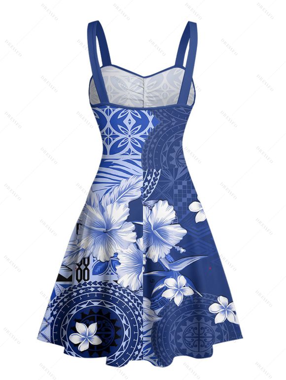 Vacation Couple Outfit Flower Geometric Printed Ruched Bust Sweetheart Neck A Line Mini Dress and Button Up Shirt Casual Matching Outfit - Bleu profond S | US 4