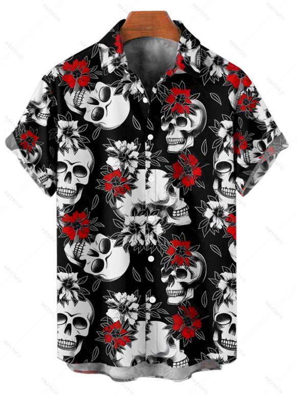 Gothic Couple Outfit Allover Skulls Rose Pattern Ruched Bust Sweetheart Neck A Line Mini Dress and Button Up Shirt Holiday Matching Outfit - Noir S | US 4