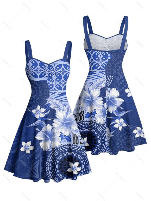 Vacation Couple Outfit Flower Geometric Printed Ruched Bust Sweetheart Neck A Line Mini Dress and Button Up Shirt Casual Matching Outfit - Bleu profond S | US 4