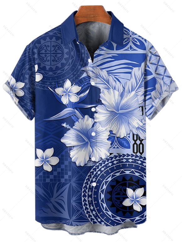 Vacation Couple Outfit Flower Geometric Printed Ruched Bust Sweetheart Neck A Line Mini Dress and Button Up Shirt Casual Matching Outfit - Bleu profond S | US 4