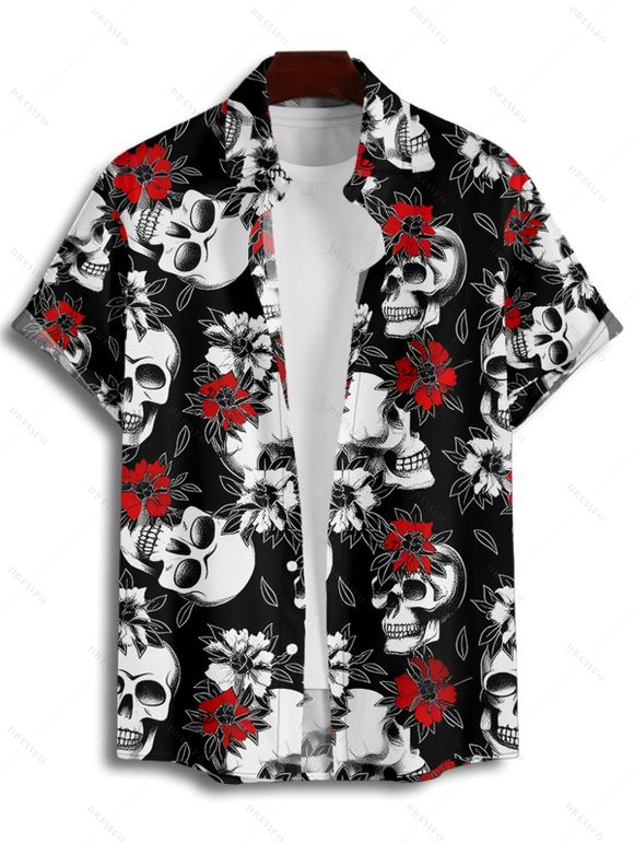 Gothic Couple Outfit Allover Skulls Rose Pattern Ruched Bust Sweetheart Neck A Line Mini Dress and Button Up Shirt Holiday Matching Outfit - Noir S | US 4