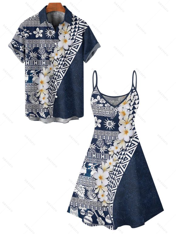 Vacation Couple Outfit Flower Ethnic Style Geometric Pattern Spaghetti Strap V Neck A Line Mini Tank Dress and Button Up Shirt Casual Matching Outfit - Bleu profond S | US 4
