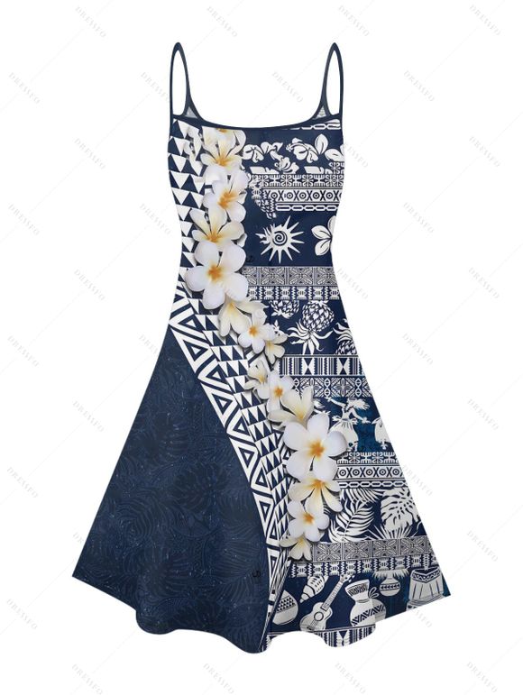 Vacation Couple Outfit Flower Ethnic Style Geometric Pattern Spaghetti Strap V Neck A Line Mini Tank Dress and Button Up Shirt Casual Matching Outfit - Bleu profond S | US 4