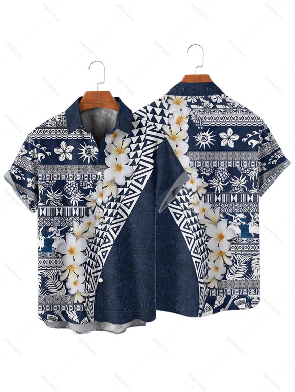 Vacation Couple Outfit Flower Ethnic Style Geometric Pattern Spaghetti Strap V Neck A Line Mini Tank Dress and Button Up Shirt Casual Matching Outfit - Bleu profond S | US 4