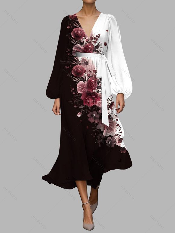 Contrast Color Rose Pattern Belt Chiffon Dress Plunging Neck Long Sleeve A Line Vacation Dress - Noir XXL | US 14