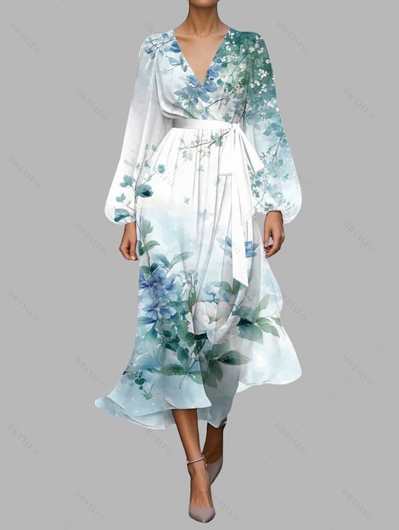 Robe en mousseline de soie à motif floral et feuilles ombré, ceinture, décolleté plongeant, manches longues, coupe trapèze, robe de vacances - Vert clair M | US 6